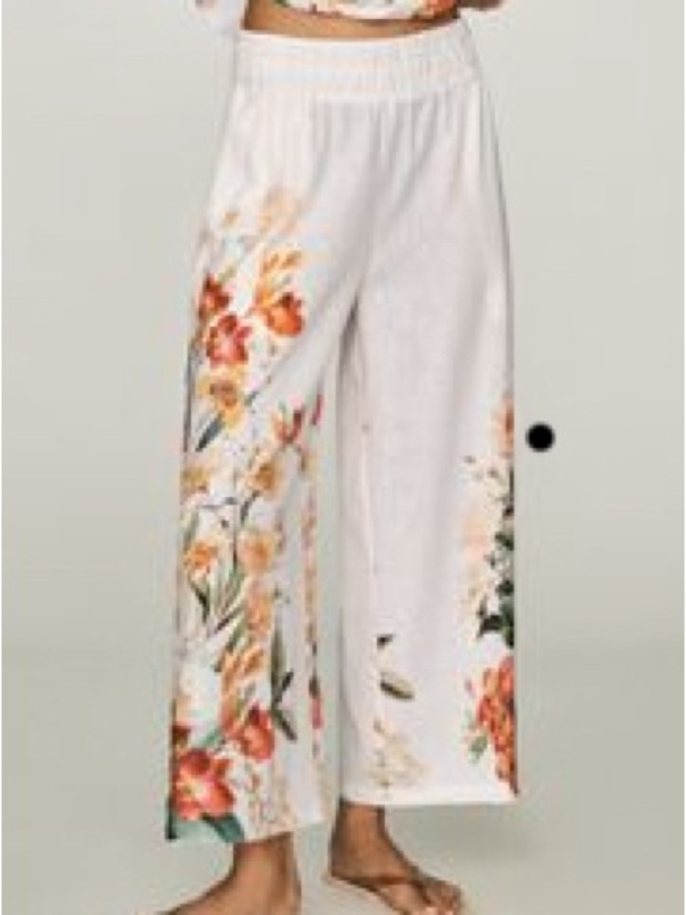 Anthropologie Cream Wide-Leg Floral Linen-Blend Pants